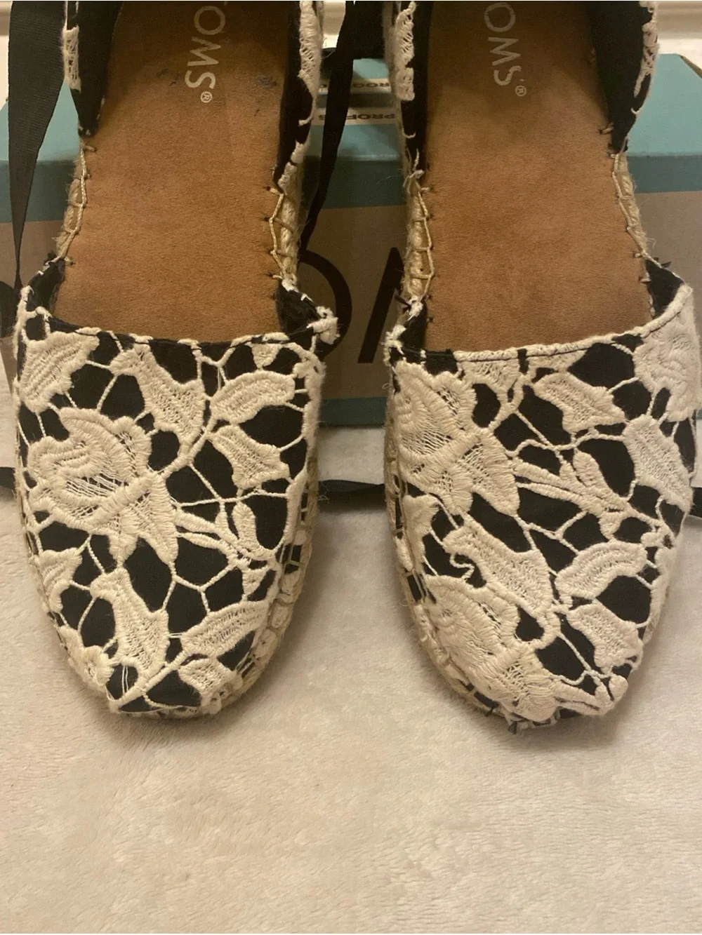 Toms Katalina Black and Ivory Crochet Floral Lace Ankle Tie Espadrilles